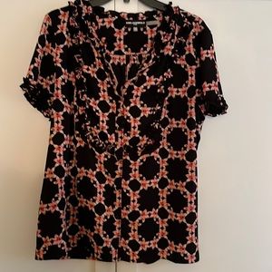 Karl Lagerfeld black multi-color short sleeve button down blouse.